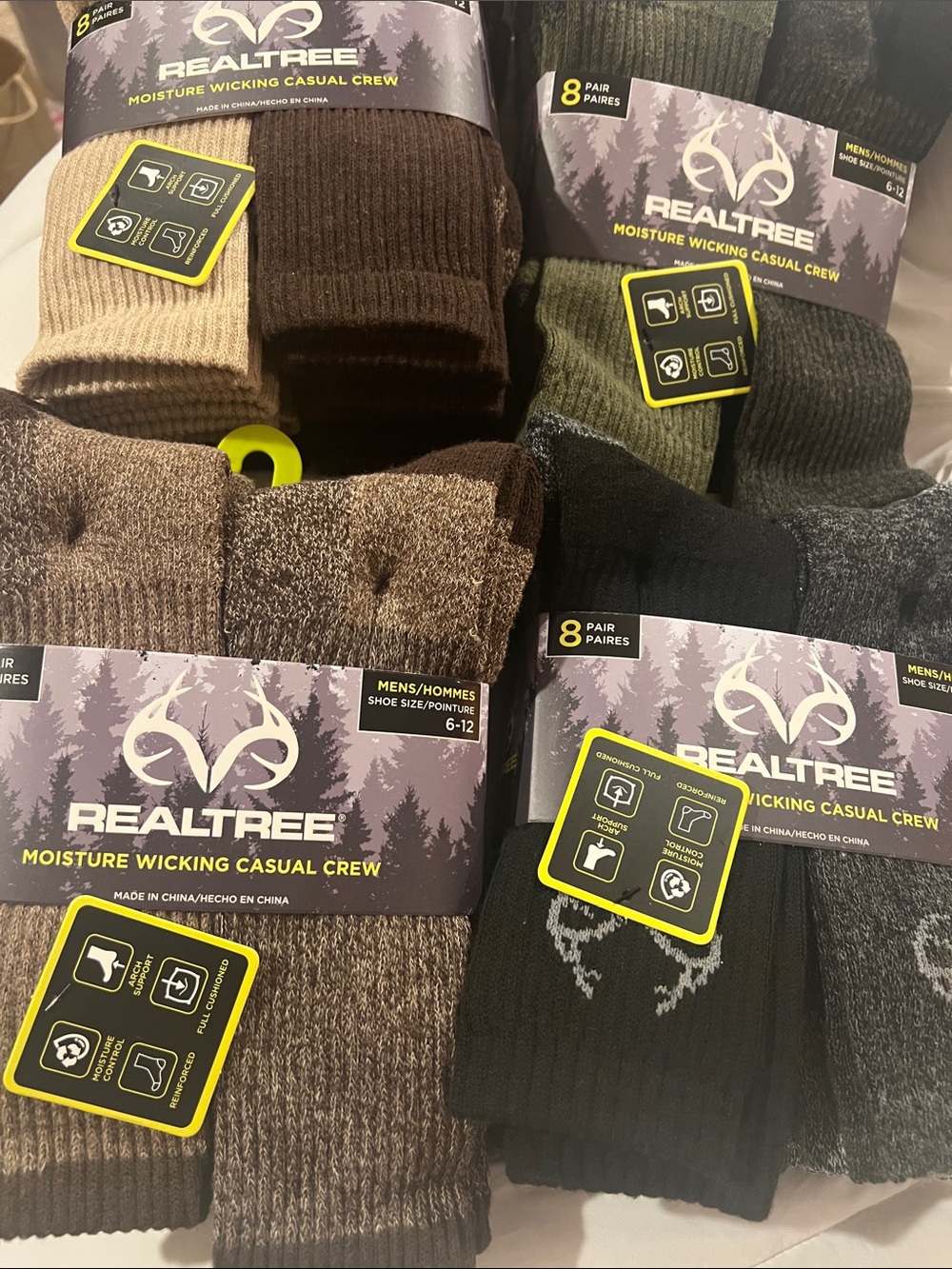 Realtree Men's Moisture Wicking Crew Socks - 8 packs assorted colors